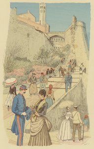 Folk som går på den store trappen ved det kongelige palasset, Monaco. (farge litho) av Maurice Charles Mathieu Bonvoisin