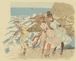 Stående på brygga ved La Condamine i Monte Carlo; Monaco. (farge litho) av Maurice Charles Mathieu Bonvoisin