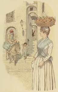 Gateliv i de trange smugene i gamlebyen i San Remo, Italia. (farge litho) av Maurice Charles Mathieu Bonvoisin
