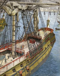 Bombardement og brann av byen Alger i 1682: Abraham Marquis Duquesne (mellom 1604 og 1610-88), en offiser i den franske marinen, ser fra skipet sitt effekten som ble produsert av bombegaliotene. Kromotypografi i "" Le Roy Soleil"" (Louis XIV) av Gu av Maurice Leloir