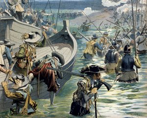 Frankrikes historie: Hjelp sendt til forsvarerne av øya Re av kardinal Richelieu (Armand Jean du Plessis av Maurice Leloir