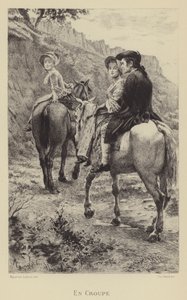 Jean-Jacques Rousseau og to unge kvinner reiser på hesteryggen (gravyr) av Maurice Leloir