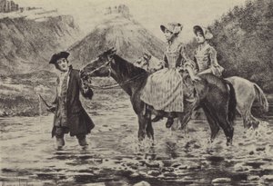 Jean-Jacques Rousseau hjelper to unge kvinner å krysse en bekk (gravyr) av Maurice Leloir