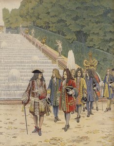 Kong Louis XIV og Samuel Bernard på Marly, besøk i hagene av Maurice Leloir