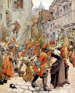 Les Dragonnades (1681-1685): dispersal of a Protestant family by the troops of dragons charged with converting Protestants. Chromotypography in “” Le Roy Soleil”” (Louis XIV) by Gustave Toutwelve, Illustration by Maurice Leloir (1853-1940) av Maurice Leloir