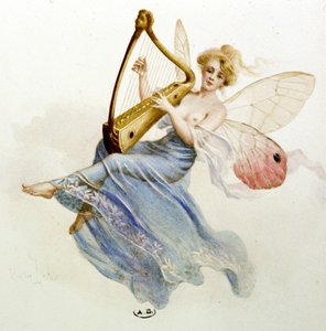 Musikk: fe som spiller harpe. I ""Månedens sang"" av Jérome Doucet av Maurice Leloir