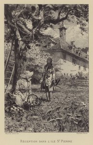 Rousseaus mottakelse på Ile St Pierre (gravering) av Maurice Leloir