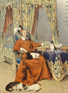 Kardinalen leker med kattene sine han elsket spesielt - i "" Richelieu"" av Maurice Leloir, deb. Det 20. århundre av Maurice Leloir