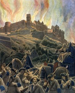 The Fire of the castle of Heidelberg bombed by the French forces of General Ezechiel du Mas, Count of Melac (1630-1704) during the War of the League of Augsburg in 1689 and 1693. Chromotypography in “” Le Roy Soleil”” (Louis XIV) by Gustave Toutwelve, Illu av Maurice Leloir