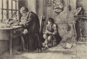 Den unge Jean-Jacques Rousseau leser mens faren jobber (gravyr) av Maurice Leloir