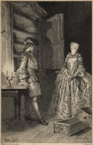 oppdagelsen av Vol - i "History of Manon Lescaut and the Chevalier Des Grieux" av Abbe Prevost (1697-1763), fransk forfatter. Gravering etter tegninger av Maurice Leloir (1885). av Maurice Leloir
