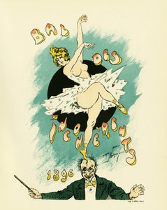 Plakat for ball of incoherents, ball organisert mellom 1885 og 1896 i Paris som en del av den kunstneriske bevegelsen lansert av Jules Levy i 1882, den usammenhengende kunsten, Illustrasjon en lithographie av Maurice Neumont (1868-1930), som viser en naken
