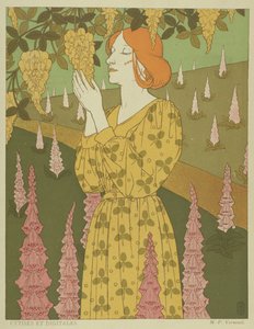 Cytises and Digitales - Kvinne med blåregn og revehansker (farge litho) av Maurice Pillard Verneuil