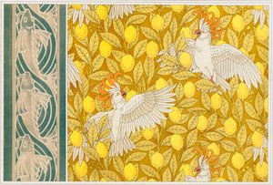Design for tapetkakaduer med sitroner og tapetkant med flyvende fisk, pub. 1897. av Maurice Pillard Verneuil
