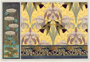 Design for tapetkant, stoff og panel: "Dragonflies; Waterlillies and Flowering Rush", Humming Birds and Orchids" og Humming Birds and Maiden Hair Fern" fra 'L'Animal dans la Decoration' av Maurice Pillard Verneuil, pub. 1897
