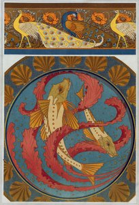 Design for påfugl- og valmuekant, og emaljeplate med dekor av Gurnards og Seaweed med en kamskjellomring, fra 'L'Animal dans la Decoration' av Maurice Pillard Verneuil, pub. 1897 (fargelitografi) av Maurice Pillard Verneuil