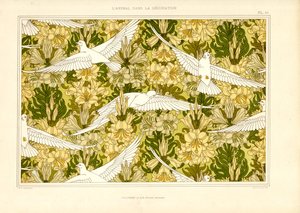 Tekstilmønster med hvite duer og liljer (lito) av Maurice Pillard Verneuil