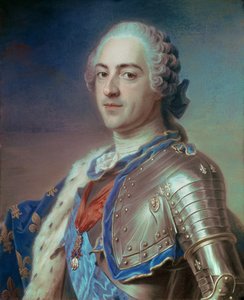 Portrett av Ludvig XV (1710 - 1774) i rustning, med snorene til Den Hellige Ånds Orden og det gylne skinn. Pastell av Maurice Quentin Delatour kjent som Quentin De La Tour eller Quentin De Latour (1704-1788) av Maurice Quentin de La Tour