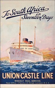 Til Sør-Afrika om sytten dager; en reklameplakat for Union Castle Line,
