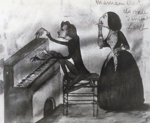 Karikatur av Franz Liszt (1811-1886) og George Sand (1804-1876) i Nohant i 1832, tegning av Maurice Sand (1825-1889)