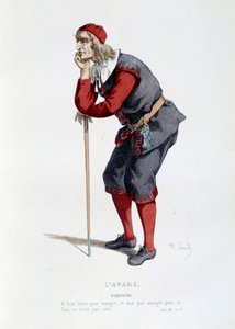 Kostyme for karakteren til Harpagon i stykket "" L'avare"" av Moliere (Jean Baptiste Poquelin). illustrasjon av Maurice Sand (1823-1889) Paris fra 1800-tallet, Comedie francaise