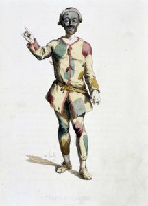 Harlequin (Arlechino) tegner fra "" Masques et bouffons"" (italiensk komedie), tekst og tegninger av Maurice Sand, trykk av A. Manceau, forord av Georges Sand