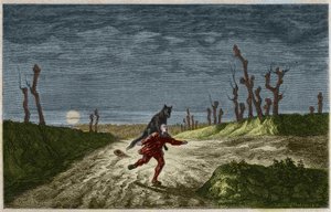 Varulven (The werewolf, lupo mannaro) gravering etter et maleri av Maurice Sand. Gravering fra 1857.