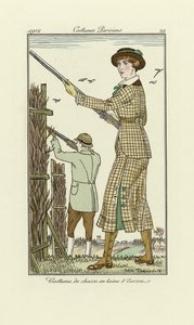 Design for tweed skyteantrekk for damer, fra Costumes Parisien, pub.1912 (pochoir-trykk)