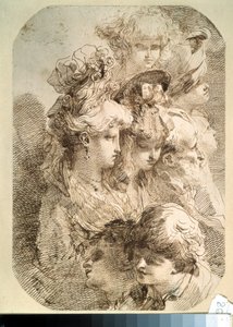 Studie av åtte hoder. (Studier av åtte hoder). Tegning av Mauro Gandolfi (1764-1834). italiensk kunst. Blyant og brunt indisk blekk på papir. Pushkin-museet, Moskva