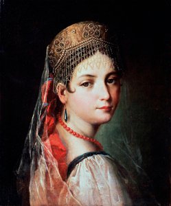 Portrett av en ung kvinne i Sarafan og Kokoshnik, 1820-tallet.