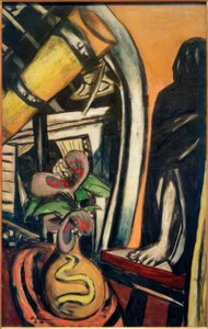 Atelier (natt). Stilleben med et teleskop og en tilslørt figur av Max Beckmann