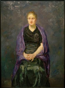 Portrett av Minna Beckmann-Tube med lilla skjerf av Max Beckmann