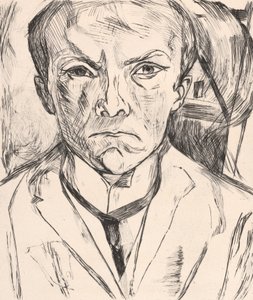 Selvportrett forfra med husgavl i bakgrunnen av Max Beckmann