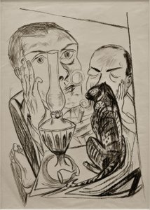 Selvportrett med katt og lampe av Max Beckmann