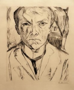 Selvportrett forfra, husgavl i bakgrunnen av Max Beckmann