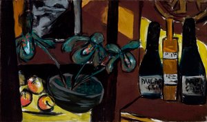 Stilleben på brunt og gult (champagneflasker og orkideer) av Max Beckmann