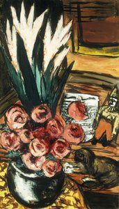 Stilleben med røde roser og Butchy; Stillben mit Roten Rosen und Butchy av Max Beckmann