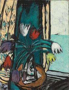 Stilleben med tulipaner og havutsikt av Max Beckmann