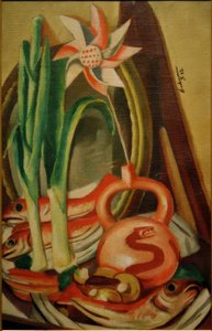 Stilleben med fisk og papirblomst av Max Beckmann