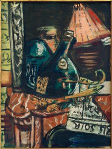 Stilleben med en skjev brennevinsflaske og Buddha av Max Beckmann