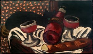 Stilleben med vinglass og en katt av Max Beckmann