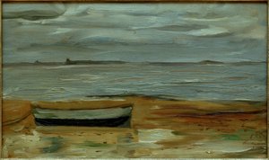 Strand med grå båt og grått hav av Max Beckmann