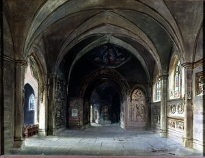 Dekorasjon for "" Die Meistersinger"" eller "" Les maitres singteurs de Nuremberg", opera av Richard Wagner. Scenografi av Bruckner, Act I. Wagner Museum Bayreuth.