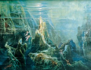 Tyskland, Bayreuth, Scenografi for forestilling The Ring of the Nibelung - The Rhinegold av Richard Wagner, Rhindøtrene