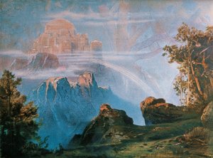 Tyskland, Bayreuth, Walhalla, bakteppe for scenisk design av Ring of Nibelungs av Richard Wagner (1813-1883)