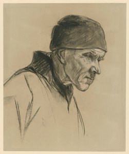 Gammel mann med lue (brystbilde, profil mot høyre), studie til: Gående bonde (1894) av Max Liebermann