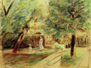 Barnebarn med barnepike foran hekkehager av Max Liebermann