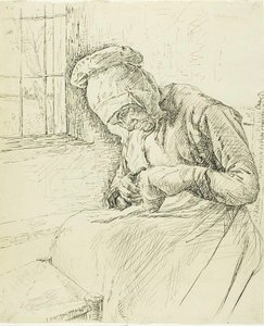 Gammel kvinne reparerer ved vinduet av Max Liebermann