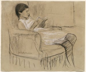 Kunstnerens datter Käthe leser i en stol av Max Liebermann