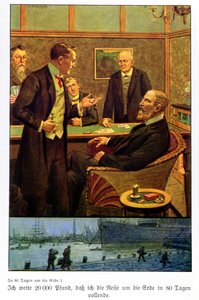 Phileas Fogg tar veddemålet i Reform Club om at han kan reise verden rundt på 80 dager, illustrasjon fra en utgave publisert i Berlin av Max Wulff
